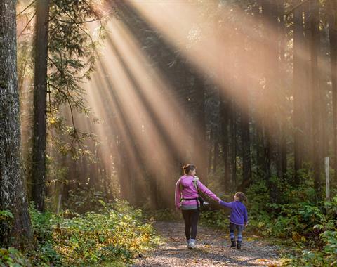 Mom and daughter hiking in the forrest