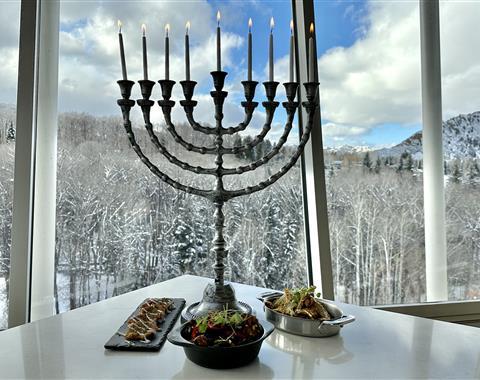 Hanukkah food and gold menorah coins