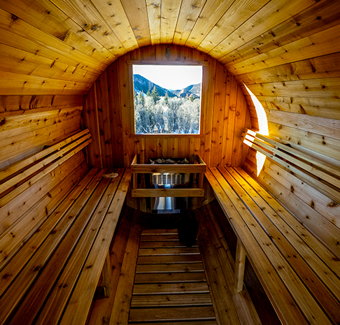 Barrel Sauna with mountain views