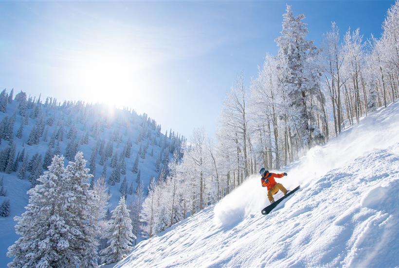 snowboarder going down fresh powder