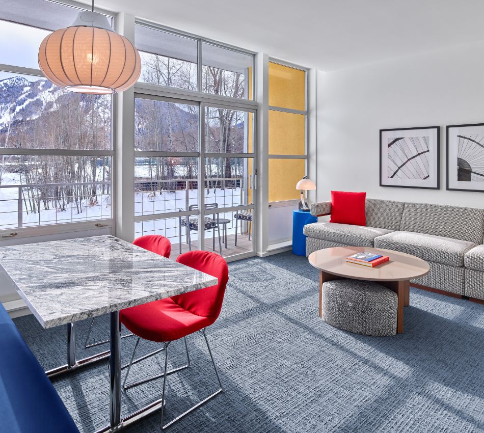 Living space in a Bauhaus-inspired suite at Aspen Meadows Resort