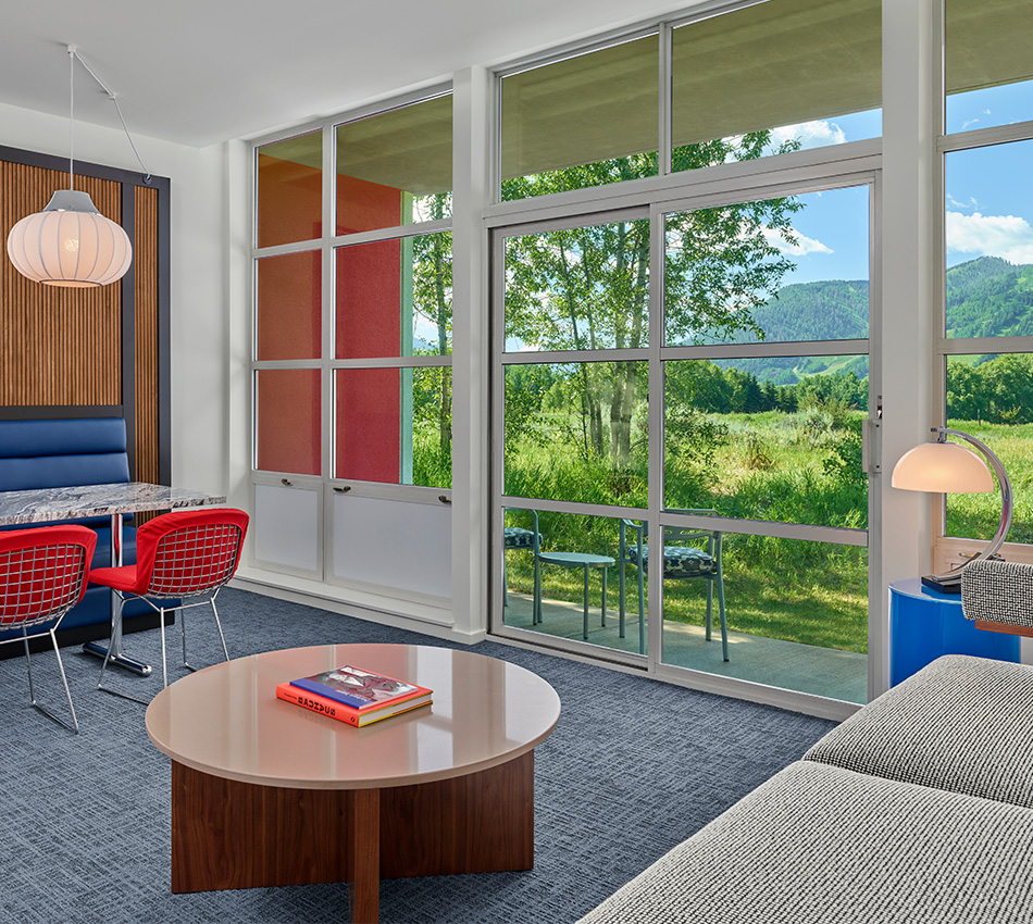 Living space in a Bauhaus-inspired suite at Aspen Meadows Resort