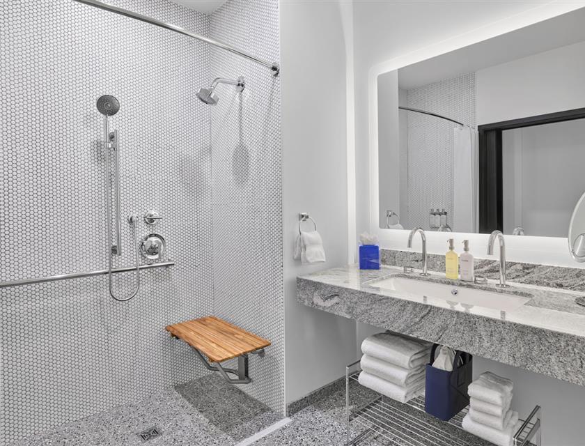 a picture of a roll-in shower and sink/vanity area