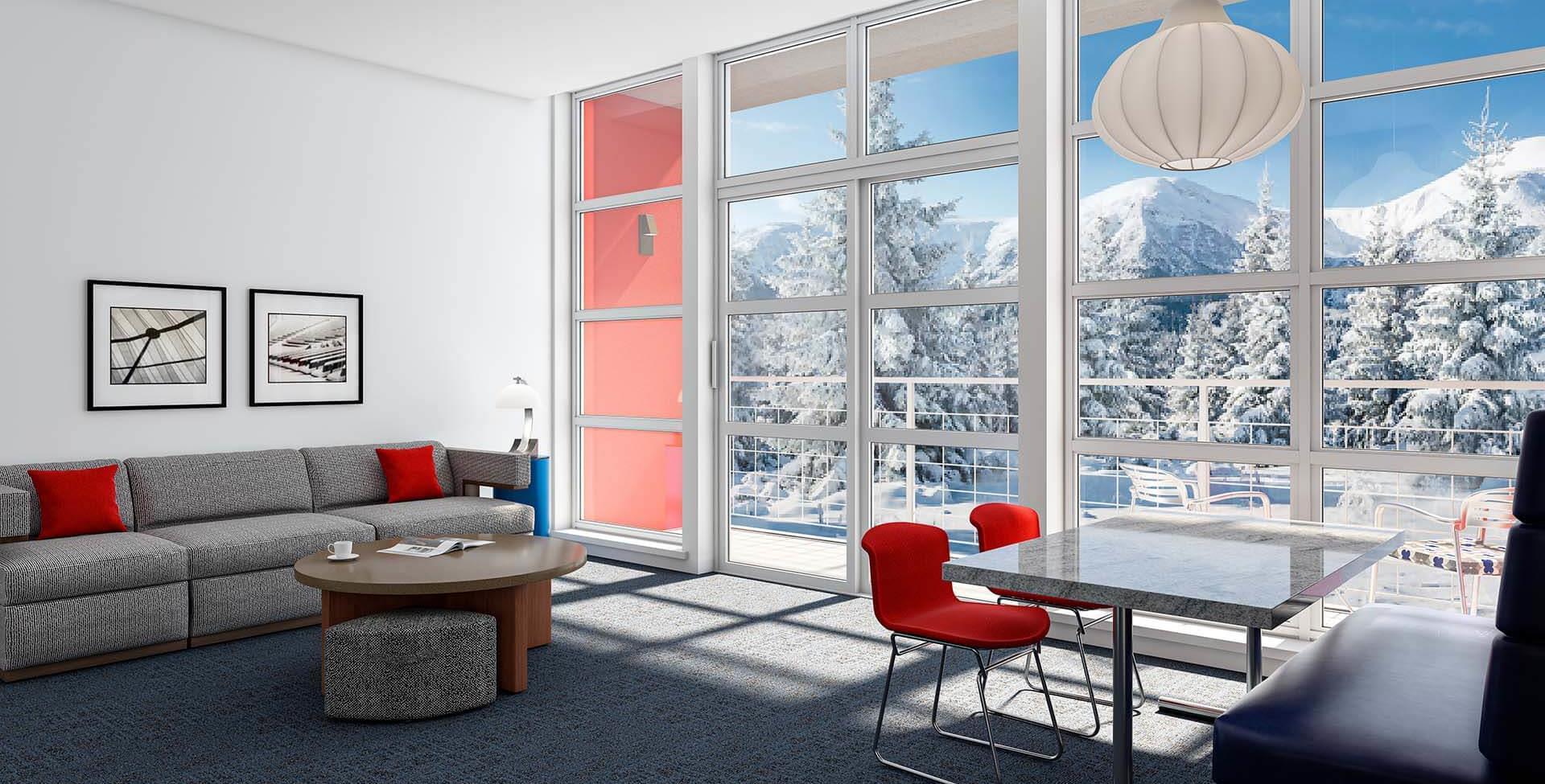 room with a picturesque view of snow-capped mountains