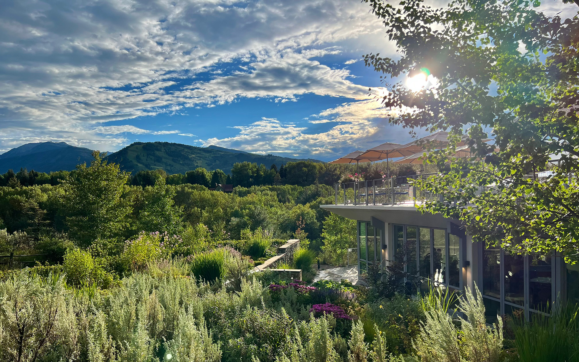 exterior of Meadows Café overlooking the surrounding mountains